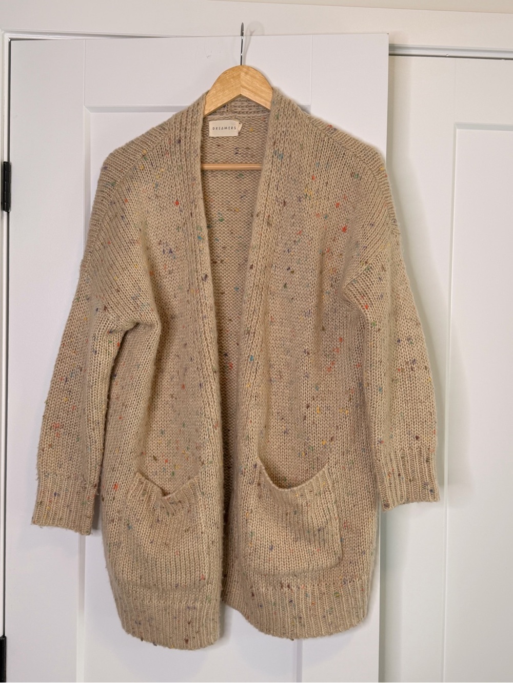 Dreamers Beige Speckled Open Cardigan with Patch Pockets